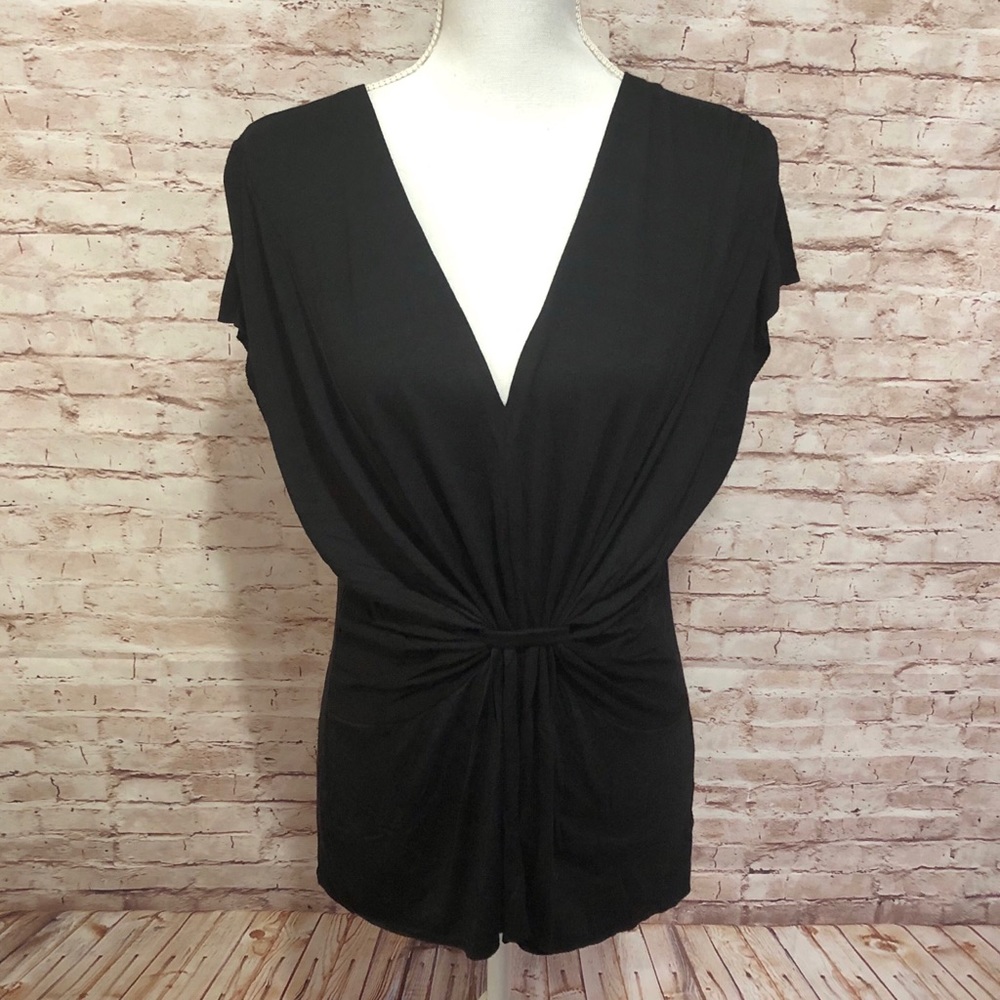 S & D Black Blouse Size PL Petite Large V-Neck Front Gathered Top NWOT